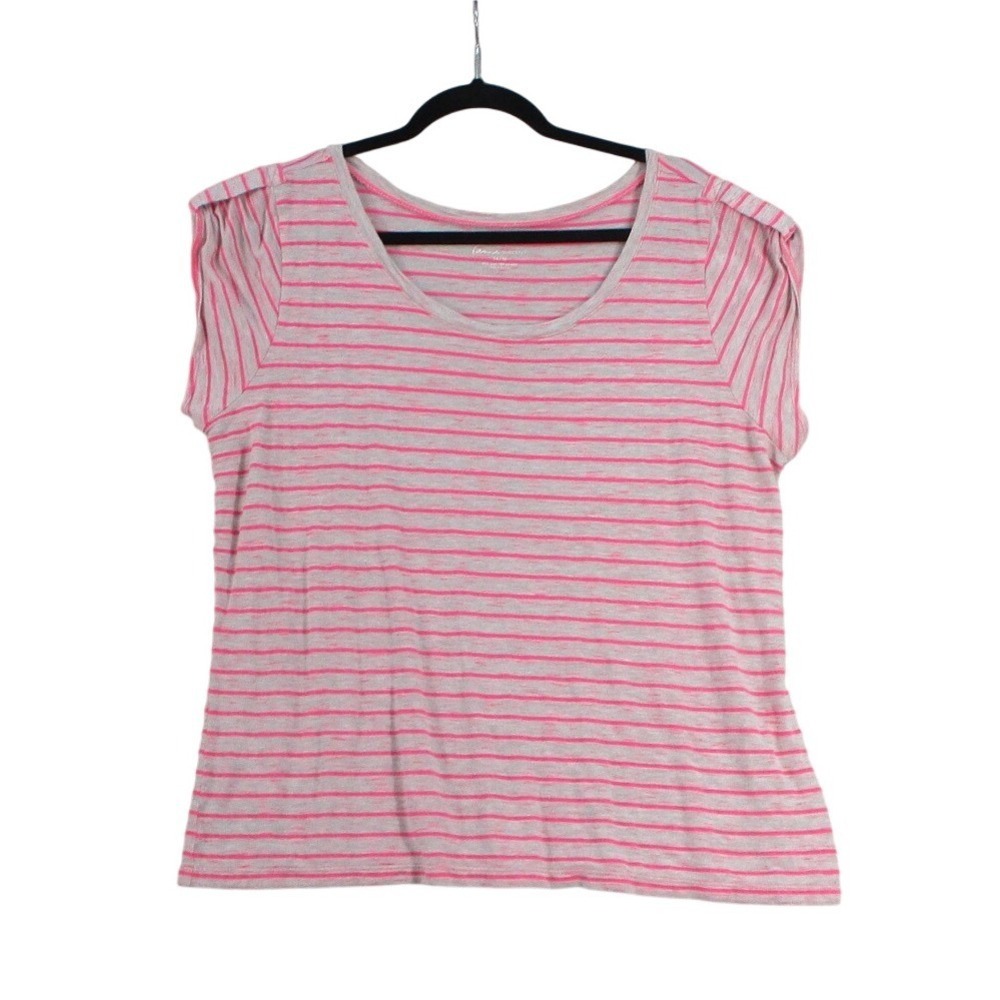 Lane Bryant Womens Pink Gray Striped Scoop Neck‎ Pleated Shoulder Top Size 14/16